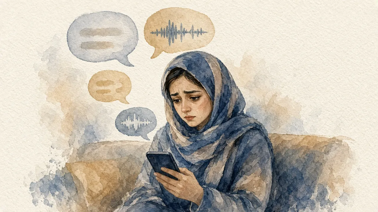 زنی با روسری، نگران به گوشی‌اش نگاه می‌کند و حباب‌های پیام و صدا دورش شناورند