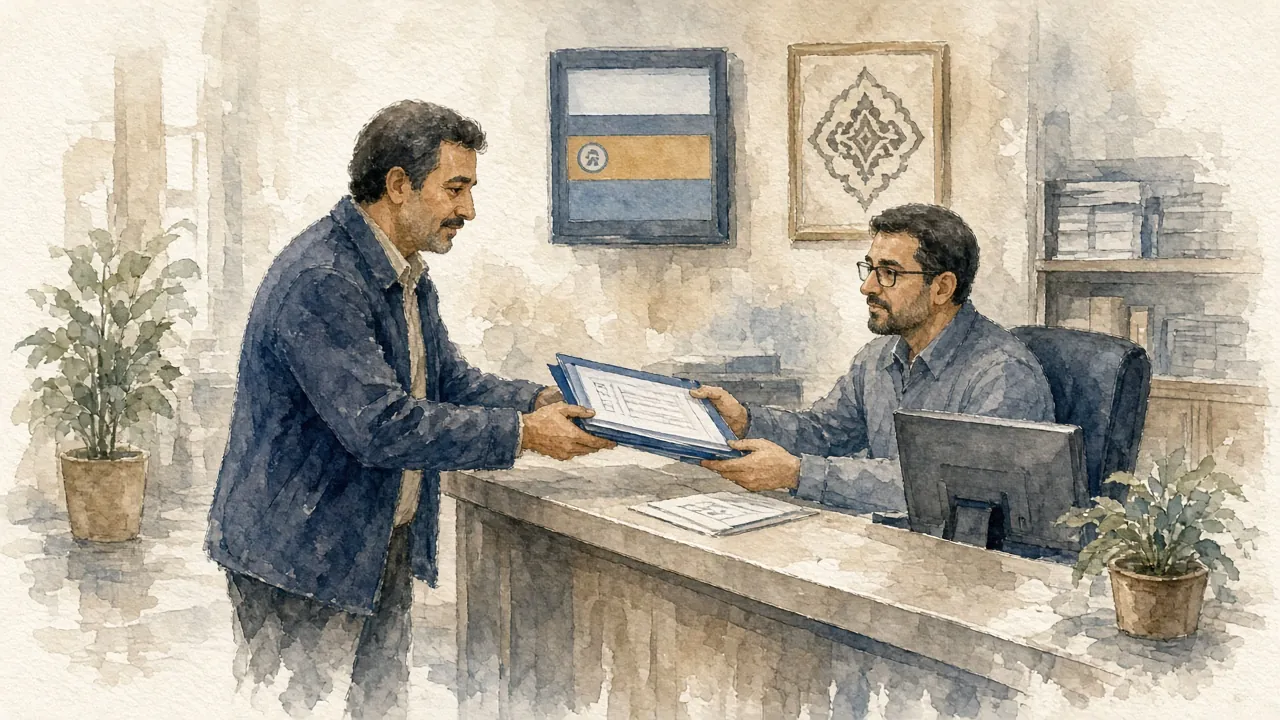 مردی در دفتر خدمات قضایی مدارکش را به کارمند پشت پیشخوان می‌دهد