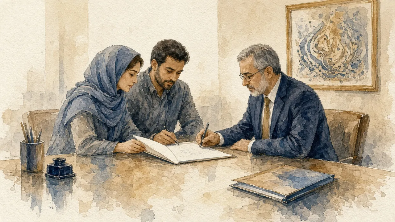 خریدار و فروشنده در دفتر اسناد رسمی کنار سردفتر، دفتر سند را امضا می‌کنند