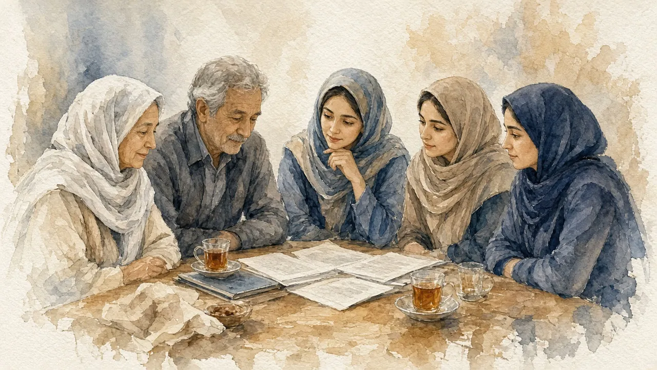 خانواده‌ای دور میز با اسناد و استکان‌های چای دربارهٔ تقسیم اموال گفت‌وگو می‌کنند