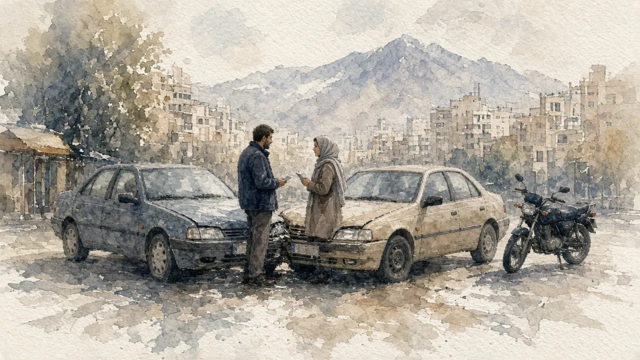 دو خودروی تصادفی در خیابان و دو راننده که کنار آن‌ها با هم گفت‌وگو می‌کنند