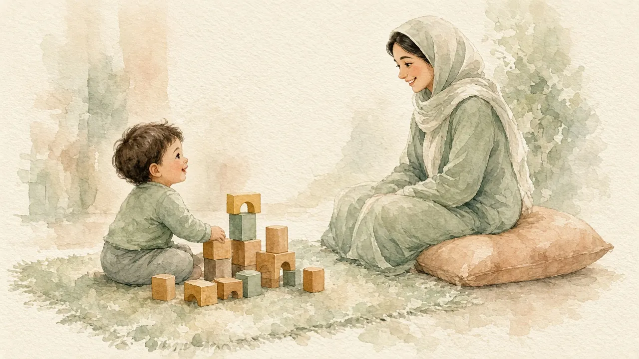 کودک نوپا روی فرش با مکعب‌های چوبی بازی می‌کند و با لبخند به مادرش که کمی دورتر نشسته نگاه می‌کند