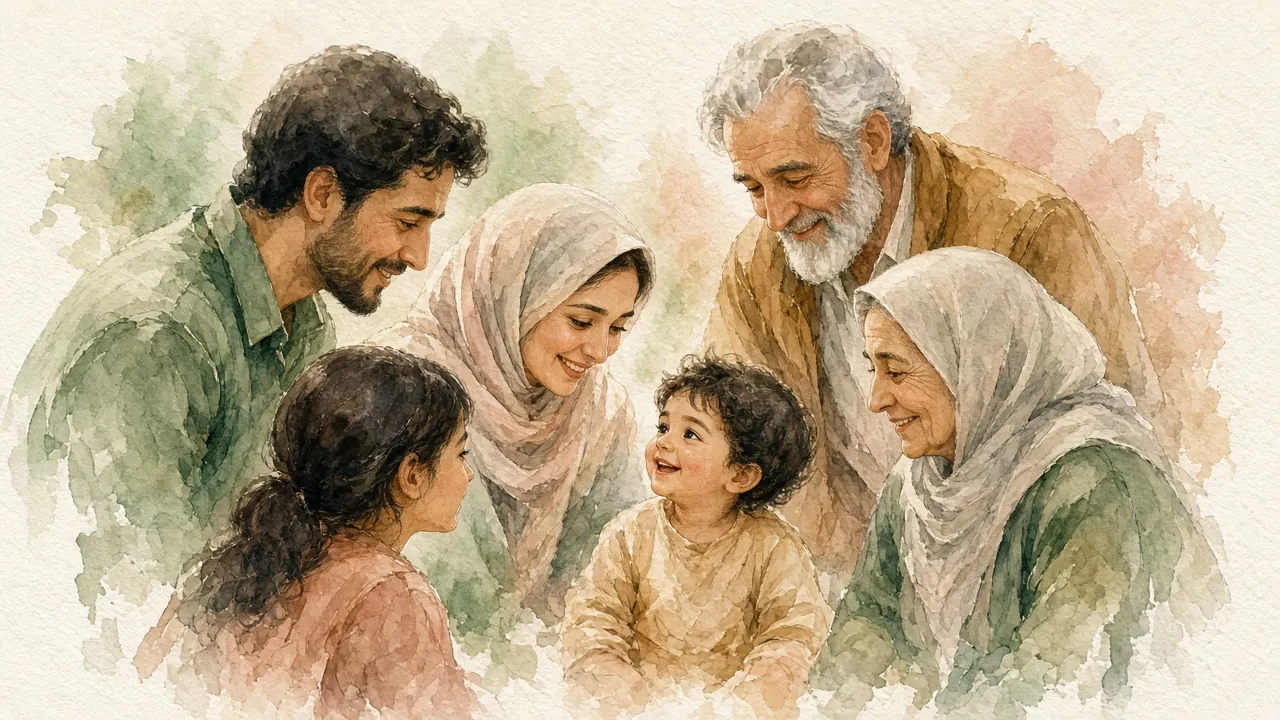 کودکی خندان در میان پدر، مادر، پدربزرگ، مادربزرگ و خواهرش