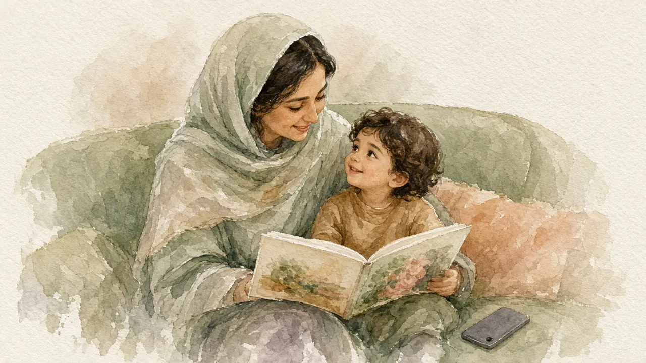 مادر و کودک روی مبل کنار هم کتاب می‌خوانند و تلفن همراه کنار گذاشته شده است