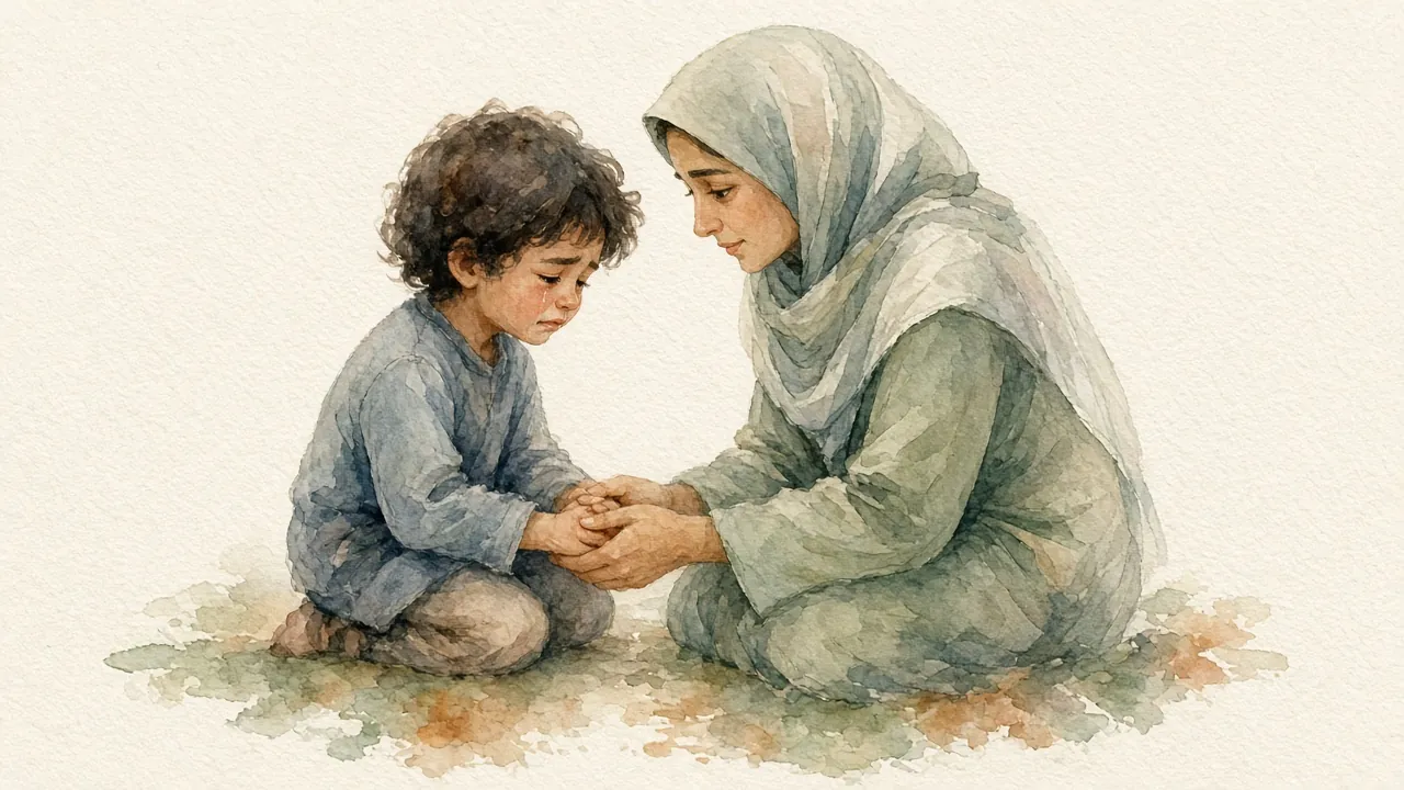 مادری کنار کودک گریان زانو زده، دست‌هایش را گرفته و با همدلی به او گوش می‌دهد