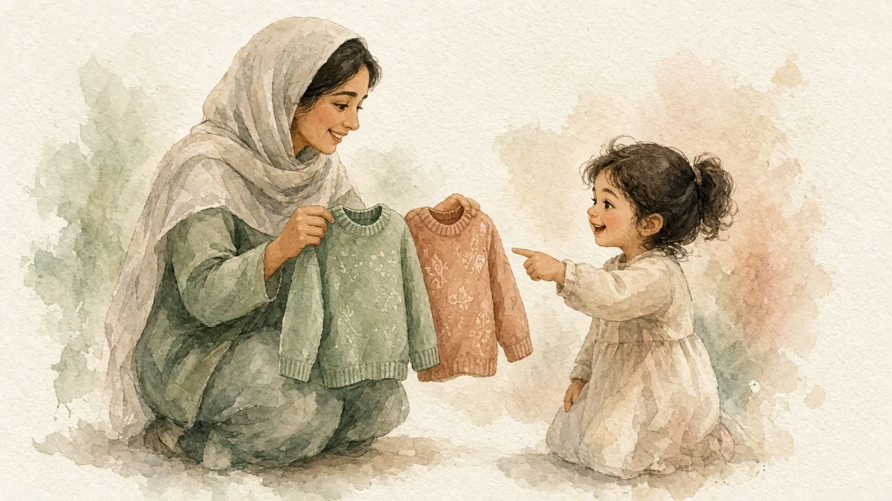 مادری دو بلوز را جلوی دختر خردسالش گرفته تا خودش یکی را انتخاب کند