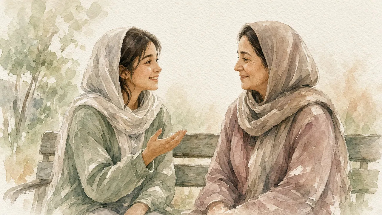 دختری نوجوان و مادرش روی نیمکت پارک نشسته‌اند و با لبخند گفت‌وگو می‌کنند
