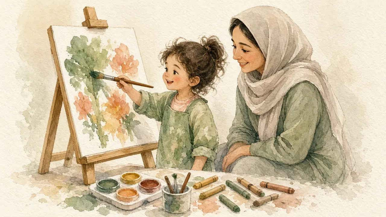 کودک خردسال با قلم‌مو نقاشی می‌کشد و مادرش با لبخند تماشا می‌کند