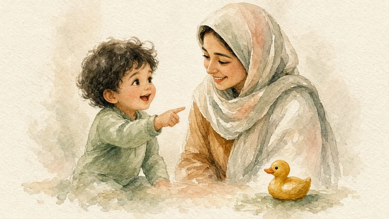 کودک نوپا با هیجان به اردک اسباب‌بازی اشاره می‌کند و مادرش با لبخند به او گوش می‌دهد